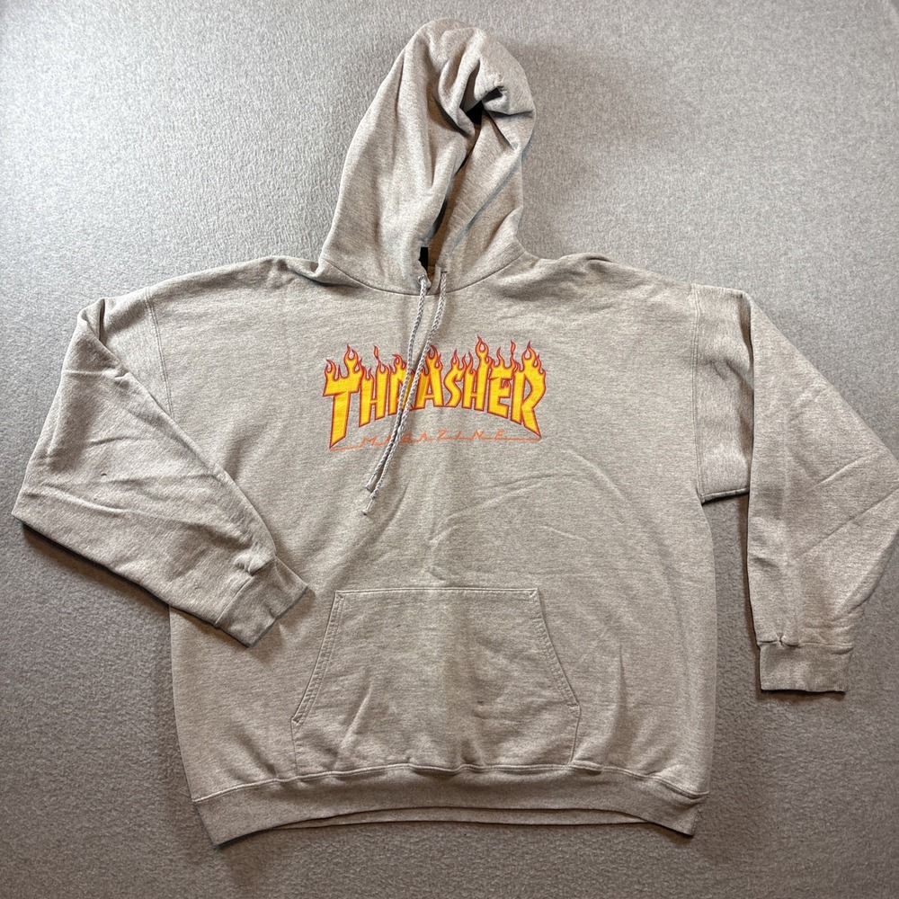 VINTAGE Thrasher Hoodie Mens XL Grey Sweater Sweatshirt Skateboard Flame Y2K